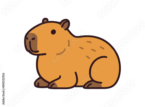 Flat vector illustration of bright capybara sitting calmly with paws tucked under body