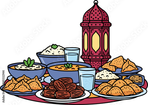 Cartoon Vector Illustration of Iftar Dining Table with Food and Lanterns
