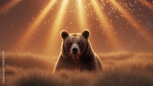A majestic brown bear standing in tall grass under golden rays of sunlight, creating a serene atmosphere