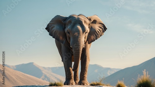 Majestic elephant standing on rocky terrain against a backdrop of distant mountains under a clear blue sky