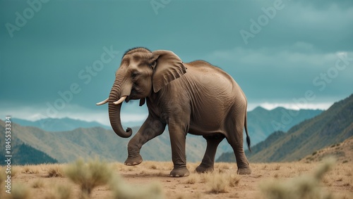 A majestic elephant walking gracefully across a vast, arid landscape under a cloudy sky
