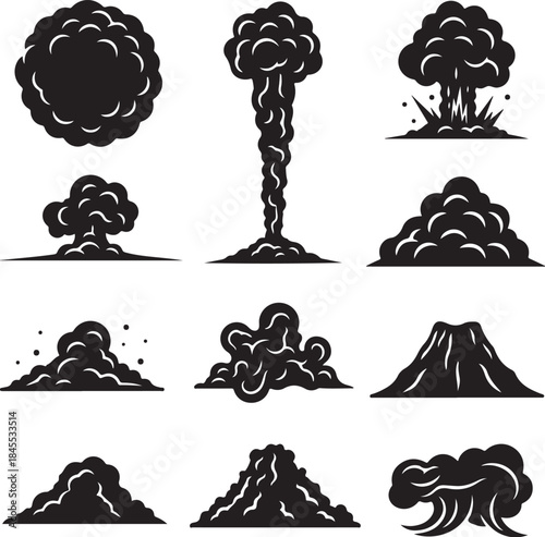 Explosion and smoke icons in black silhouette style