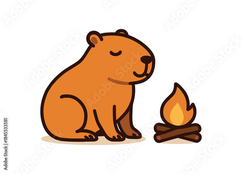 Flat vector illustration of bright capybara sitting beside tiny campfire glow icon cozy evening pose