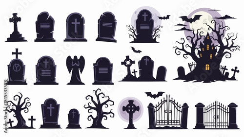 Halloween Cemetery Tombstones Gravestones and Spooky Elements Collection.