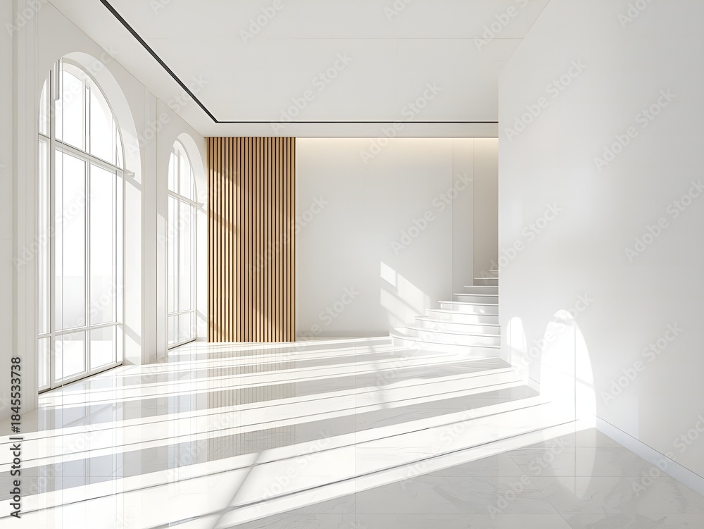 Fototapeta premium Modern white interior with arched windows and staircase