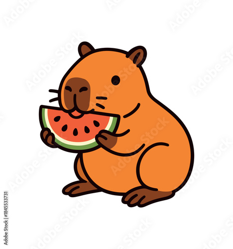Flat vector illustration of bright capybara chewing watermelon slice summer snack pose