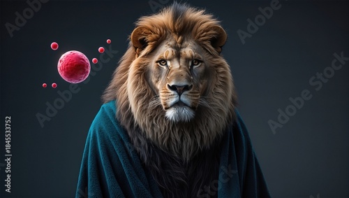 A majestic lion wearing a dark cloak, with a floating red virus cell nearby, creating a surreal atmosphere