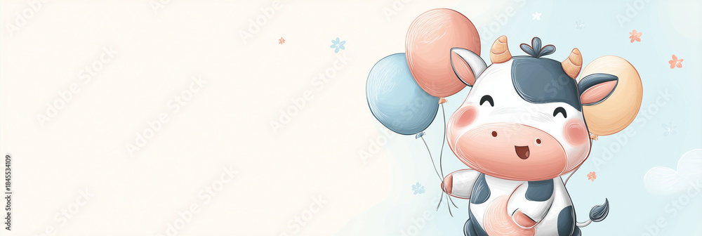 Obraz premium Smiling Cow Holding Birthday Balloons On White