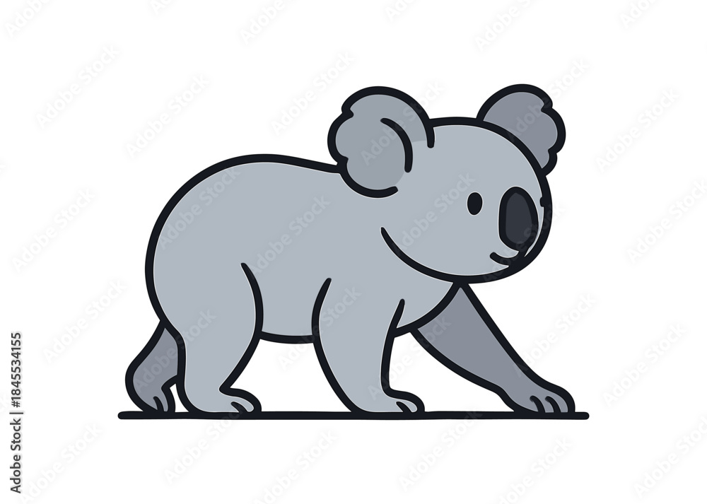 Fototapeta premium Flat vector illustration of bright koala walking on ground slowly side view