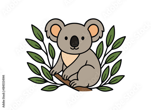Flat vector illustration of bright koala sitting eucalyptus crown with leaves surrounding