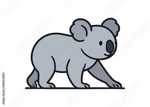 Flat vector illustration of bright koala walking on ground slowly side view
