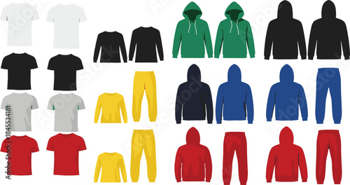 👕 Comprehensive Collection of Apparel Mockups: T-Shirts, Long-Sleeve Tees, Hoodies, and Tracksuits in Various Colors and Styles, Perfect for Design Presentation