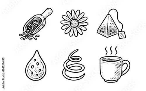 Hand-drawn icons representing tea ingredients and preparation for a soothing beverage