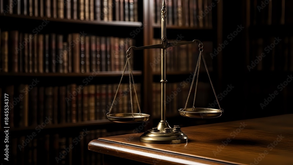 Obraz Brass scales of justice on wooden desk in law library with books background for legal services and attorney office decor.