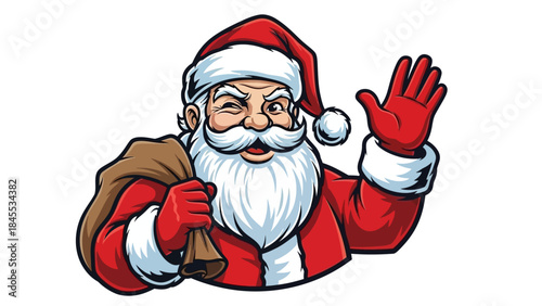 Cartoon Santa Claus Waving with Sack.