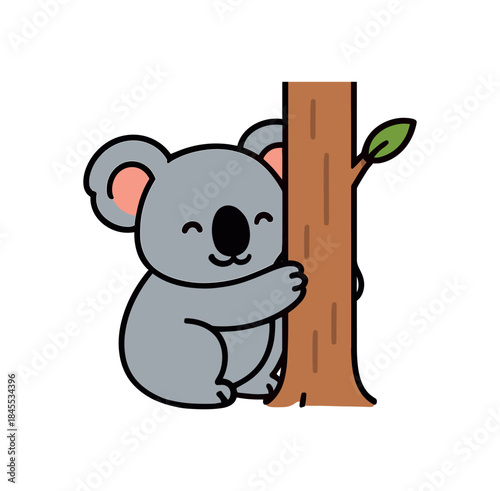 Flat vector illustration of bright koala peeking from behind tree trunk shy pose