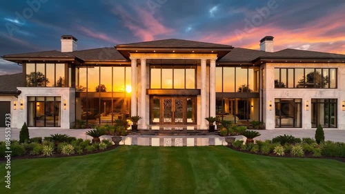 Stunning modern luxury mansion exterior with grand entrance and large windows reflecting a vibrant sunset sky over manicured lawn