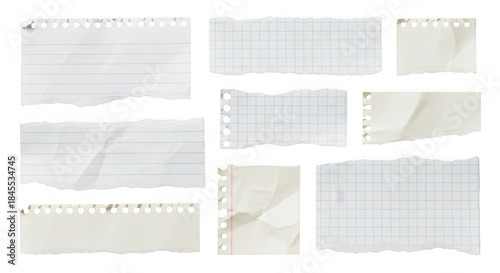 Collection of torn notebook paper pieces isolated on transparent background