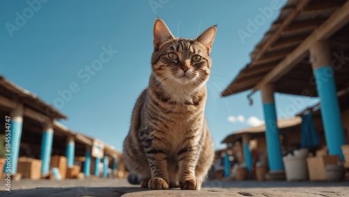 A playful tabby cat standing confidently on a cobblestone path surrounded by rustic market stalls under a clear blue sky