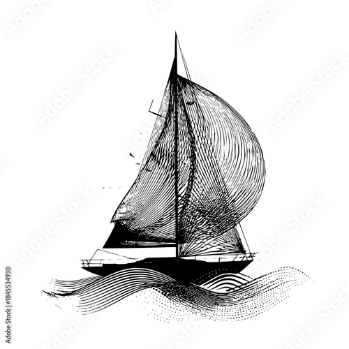 Illustration of a sailboat with detailed sails and hull sailing on wavy water in black and white drawing style