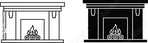 Black and white outline and silhouette of a fireplace with burning logs hearth