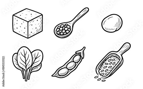 Hand-drawn collection of healthy plant-based food ingredients and produce