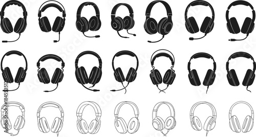 Headphone icon set, black and white style, over-ear and on-ear designs, microphone variants, audio symbol collection, vector illustration for UI