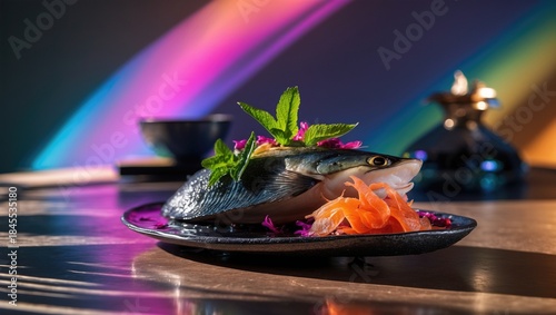 A beautifully presented fish dish with vibrant garnishes on a dark plate, creating a stunning visual effect with colorful light reflections in the
