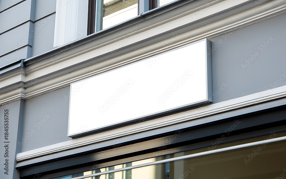 Obraz premium Blank rectangular sign mounted on gray building facade with architectural details