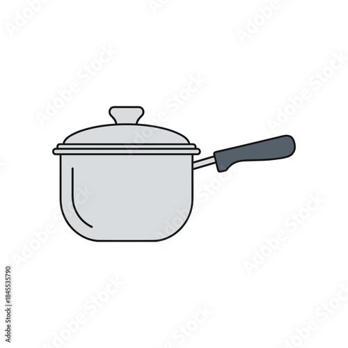 Stainless steel saucepan with lid and handle for cooking on stove.