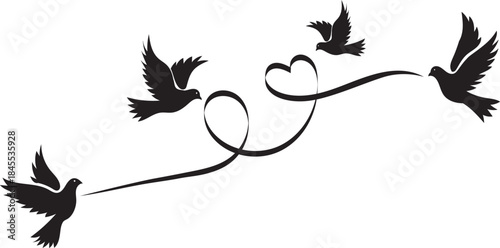 Birds Flying Around a Heart with Ribbon for Romantic and Free-spirited Love Art