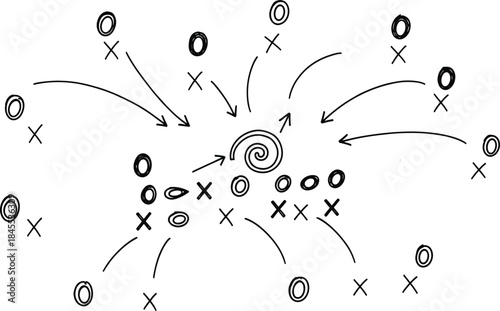 Hand drawn strategy plan diagram with arrows, crosses, and circles, tactical scheme illustration for business planning, coaching, analysis, and brainstorming concepts