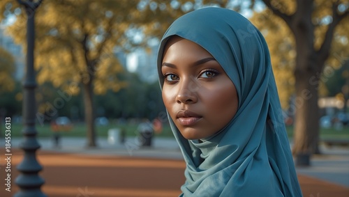 Portrait of a young woman in a teal hijab with glowing skin, set against an autumn park backdrop with golden trees and soft sunlight