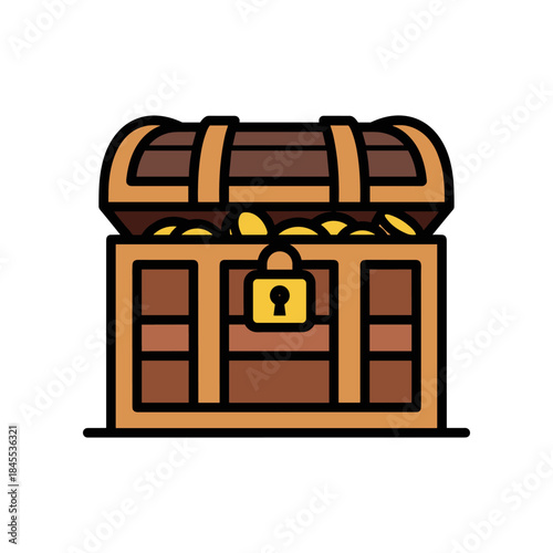 Treasure Chest Filled With Gold Coins And Locked Securely.