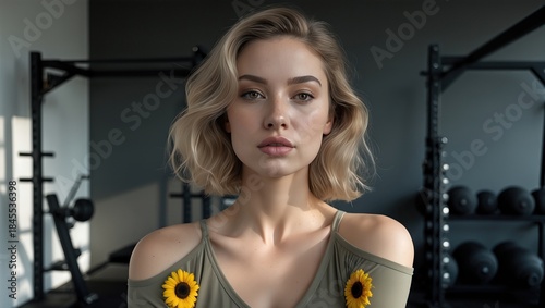 Portrait of a young woman with short blonde hair wearing an olive green shirt with sunflowers in a modern gym environment