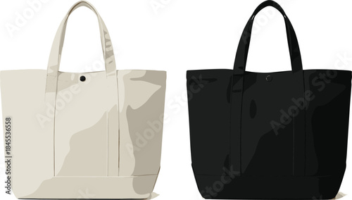 Minimal tote bag vector illustration set in beige and black colors, reusable fabric shopping bag design isolated on white background