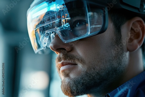 A person wears an advanced augmented reality headset, intently watching a digital cityscape reflected on the innovative transparent display.
