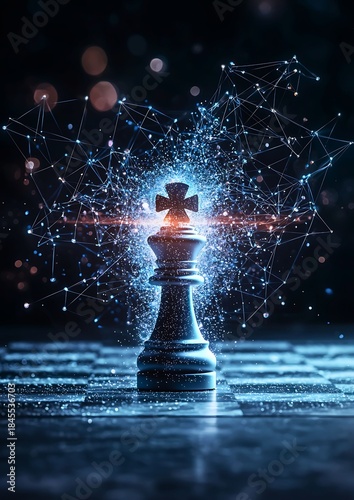 Chess king piece standing on a chessboard. The king piece emits bright glow with a technological network in background.