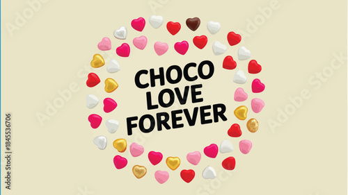 Creamy beige background with colorful heart candies in circular wreath arrangement and chocolate love forever text