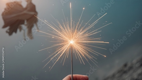 A close-up of a hand holding a sparkling sparkler against a blurred background, radiating bright light and festive vibes