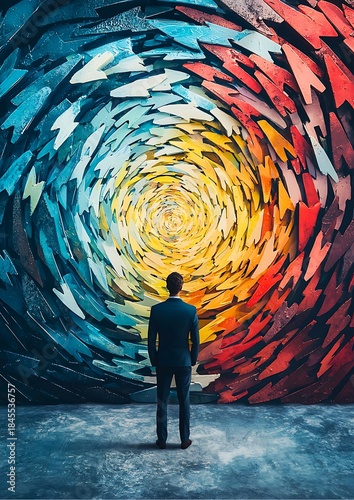 A businessman standing before a vortex of colors, contemplating choices and possibilities. The swirl of colors creates a sense of both chaos and focus