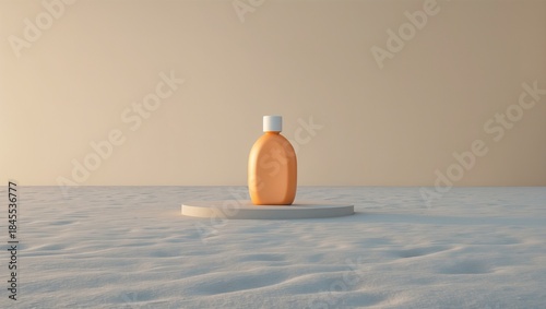 A minimalist product display featuring an orange bottle on a white pedestal against a softly lit background, evoking simplicity and elegance