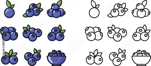 Collection of blueberries in various quantities and arrangements with some in bowls