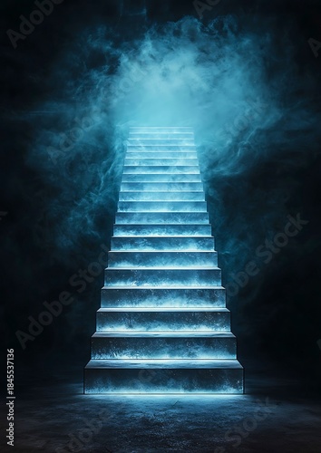 A staircase bathed in an ethereal, luminous glow, leading upward through a mystical atmosphere. The steps ascend into a radiant light, creating a sense of wonder and mystery.