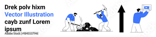 Two people breaking rocks with tools, one holding a screen with a graph, and a large upward arrow. Ideal for teamwork, progress, development, improvement, business growth, overcoming simple landing