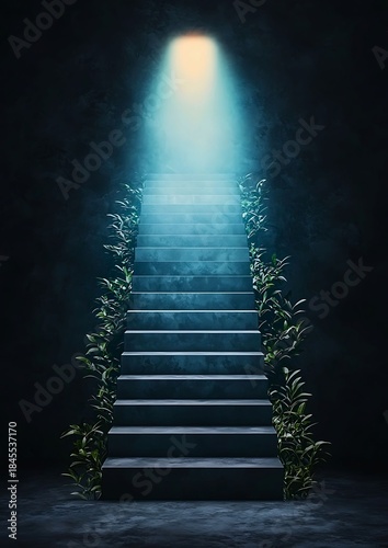 A long staircase leading up to a bright light, with vines climbing along the sides, giving an otherworldly look. The image evokes a sense of aspiration, progress and mystery