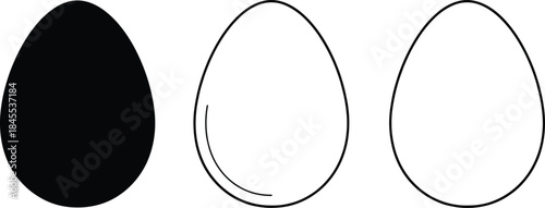 Minimal egg shape vector set with solid and outline styles, simple black and white food icons for design and branding use