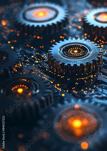 Intricate gears interlock in a display of technological precision, symbolizing the synergy of mechanical and digital systems
