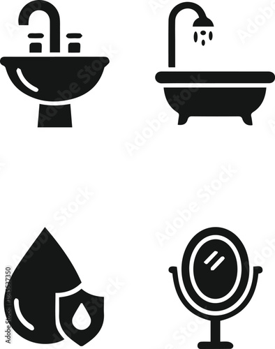 Black silhouette icons representing bathroom fixtures like a sink bathtub and mirror