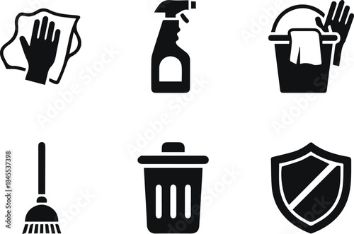 Essential cleaning and waste management tools with protection icon set